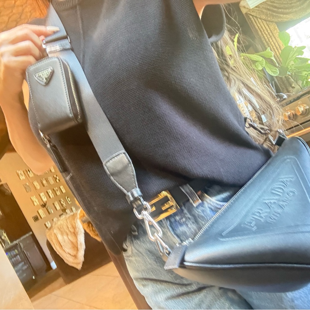 Genuine vegan leather PRADA Black triangle Sling Bag with detachable Logo mini - Picture 12 of 13